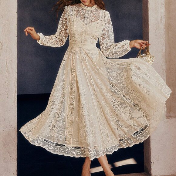 Apricot Elegant Women's Lace Flared Hem Long Sleeve Party Dress - Picture 6 of 7